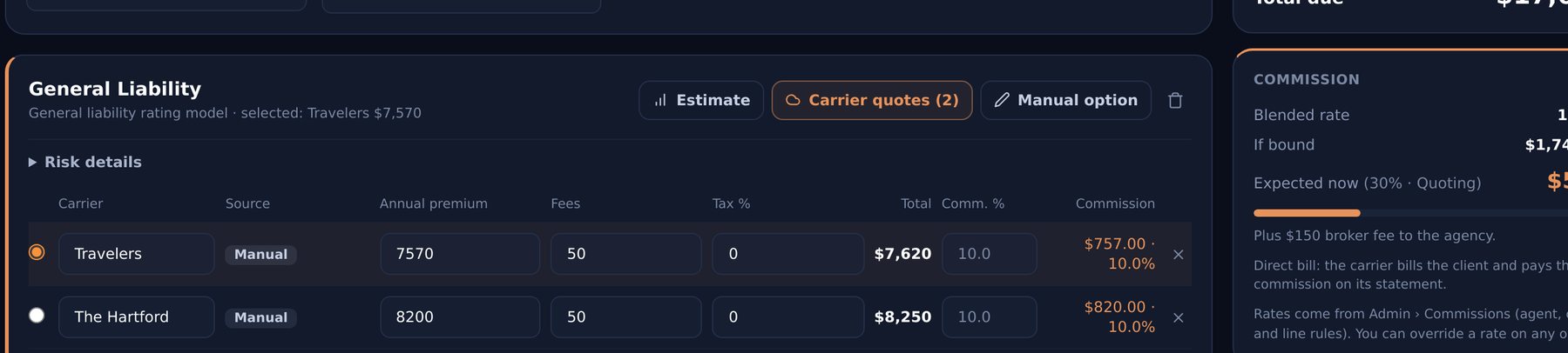 Quote line for general liability: three carrier options with premium, fees, total and commission, next to the live commission summary